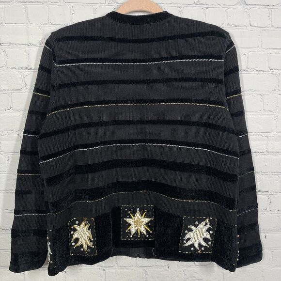 Jack B Quick Cardigan Women Medium Black Beaded Embroidered Christmas Holiday - Picture 2 of 13